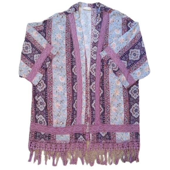 Altar'd State Womens Crochet Fringe Patchwork Floral Open Kimono Duster Large - Picture 1 of 10